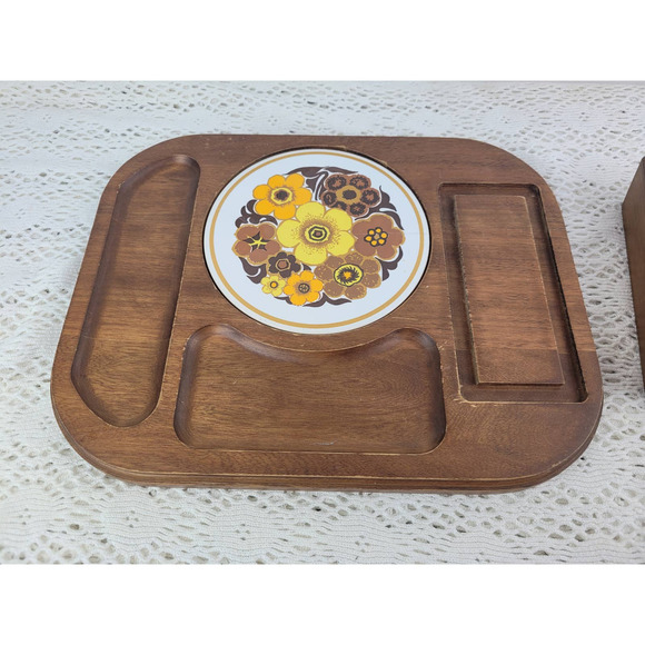 Vintage MCM Mid Century Floral Tile Wood Cheese Charcuterie Board Glass Dome - Picture 2 of 10